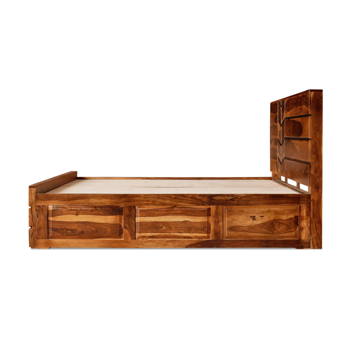 M Solid Sheesham Wood Queen Size Bed with Box Storage in natural finish - corner angle view