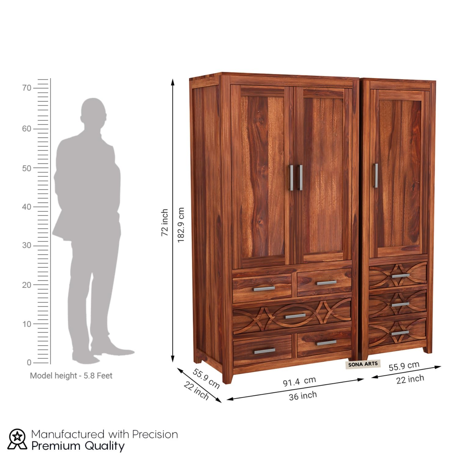 CNC Sheesham Wood 3 Door Wardrobe with 8 Drawers Storage - Natural Finish