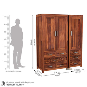 CNC Sheesham Wood 3 Door Wardrobe with 8 Drawers Storage - Natural Finish