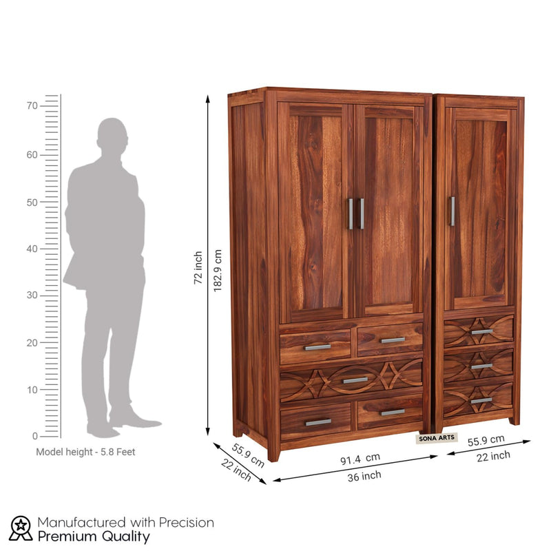 CNC Sheesham Wood 3 Door Wardrobe with 8 Drawers Storage - Natural Finish