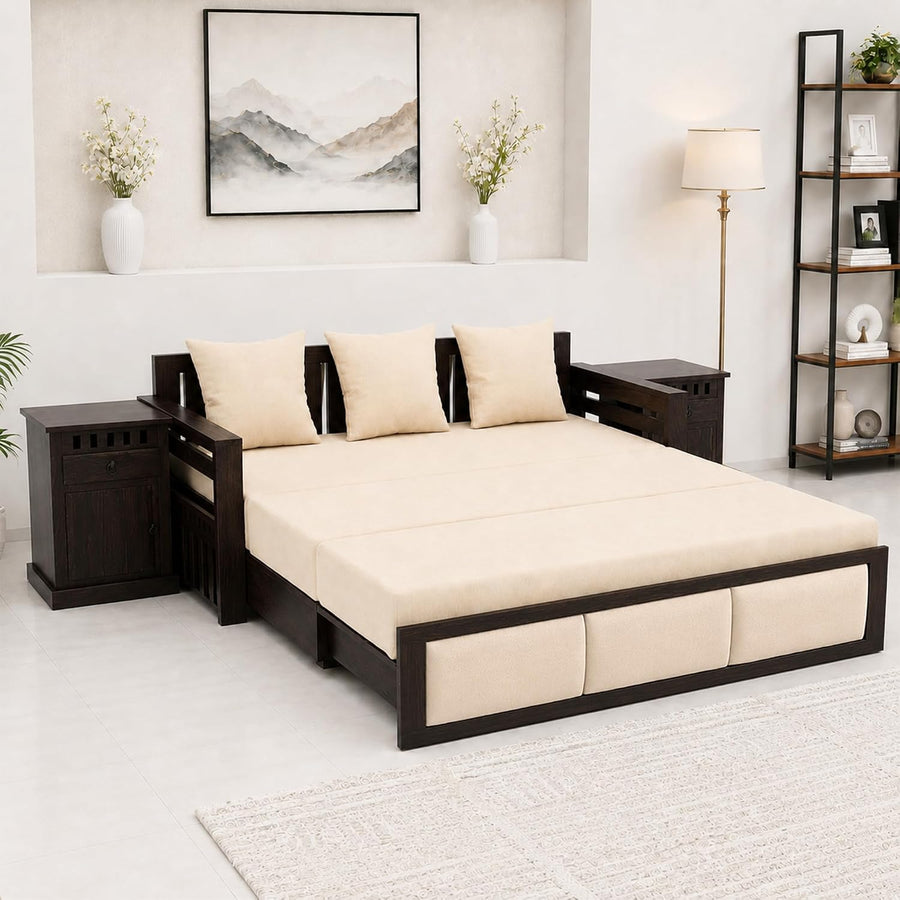 Zeus With Bedside Solid Sheesham Wood Sofa Cum Bed - Walnut Finish