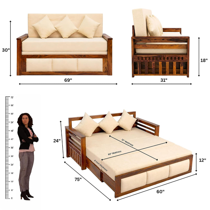 Zeus With Bedside Solid Sheesham Wood Sofa Cum Bed - Natural Finish