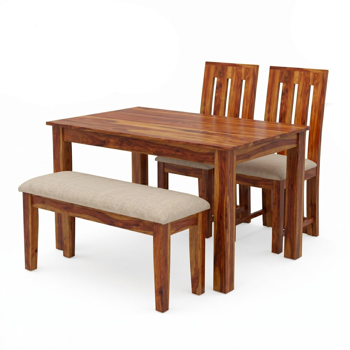 Poster Solid Sheesham Wood 4 Seater Dining Table Set with Bench in natural finish - side angle view