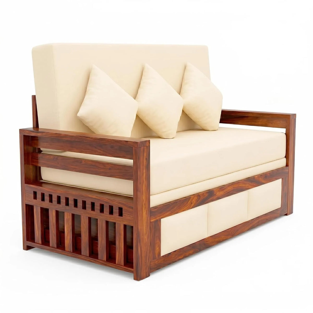 Zeus Solid Sheesham Wood Sofa Cum Bed - Natural Finish