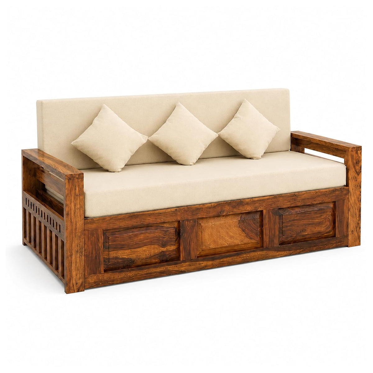 A wooden sofa with a warm medium-brown frame, cream-colored seat cushion, backrest, and three matching square pillows, shown on a plain white background.