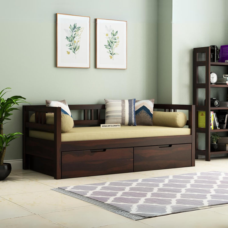 with Pillow Solid Sheesham Wood Sofa Cum Diwan - Natural Finish