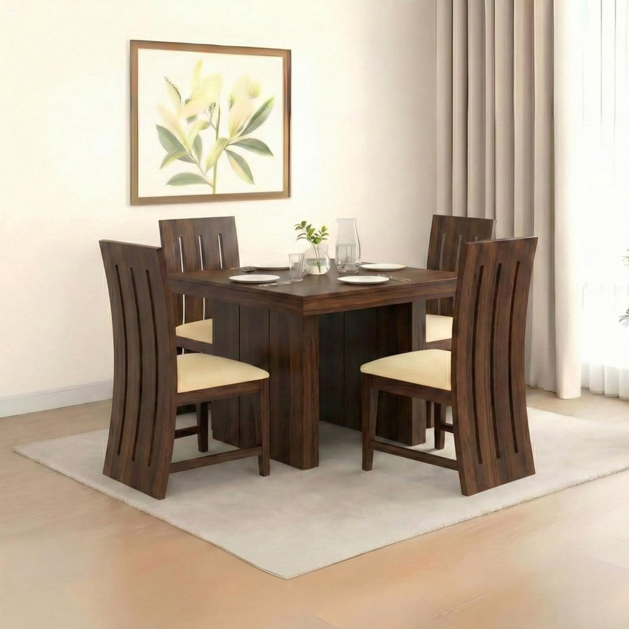 Poster Cushion Beige Solid Sheesham Wood 4 Seater Dining Table Set in walnut finish