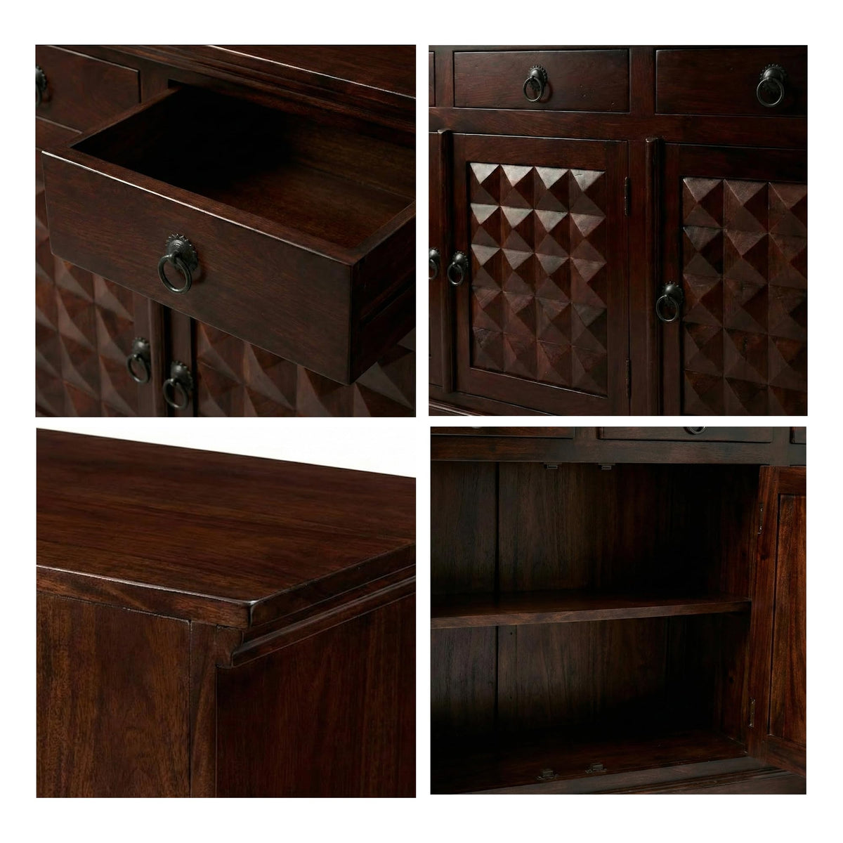 Diamond Solid Sheesham Wood Sideboard Cabinet for Living Room in walnut finish - corner angle view