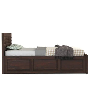 Diamond Solid Sheesham Wood Single Bed with Box Storage - Walnut