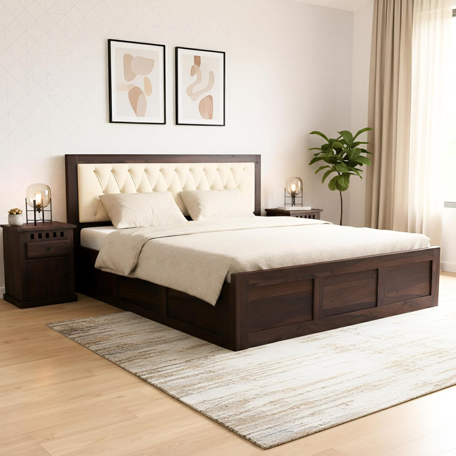 Zeus Solid Sheesham Wood Upholstered Queen Size Bed with Box Storage - Walnut Finish