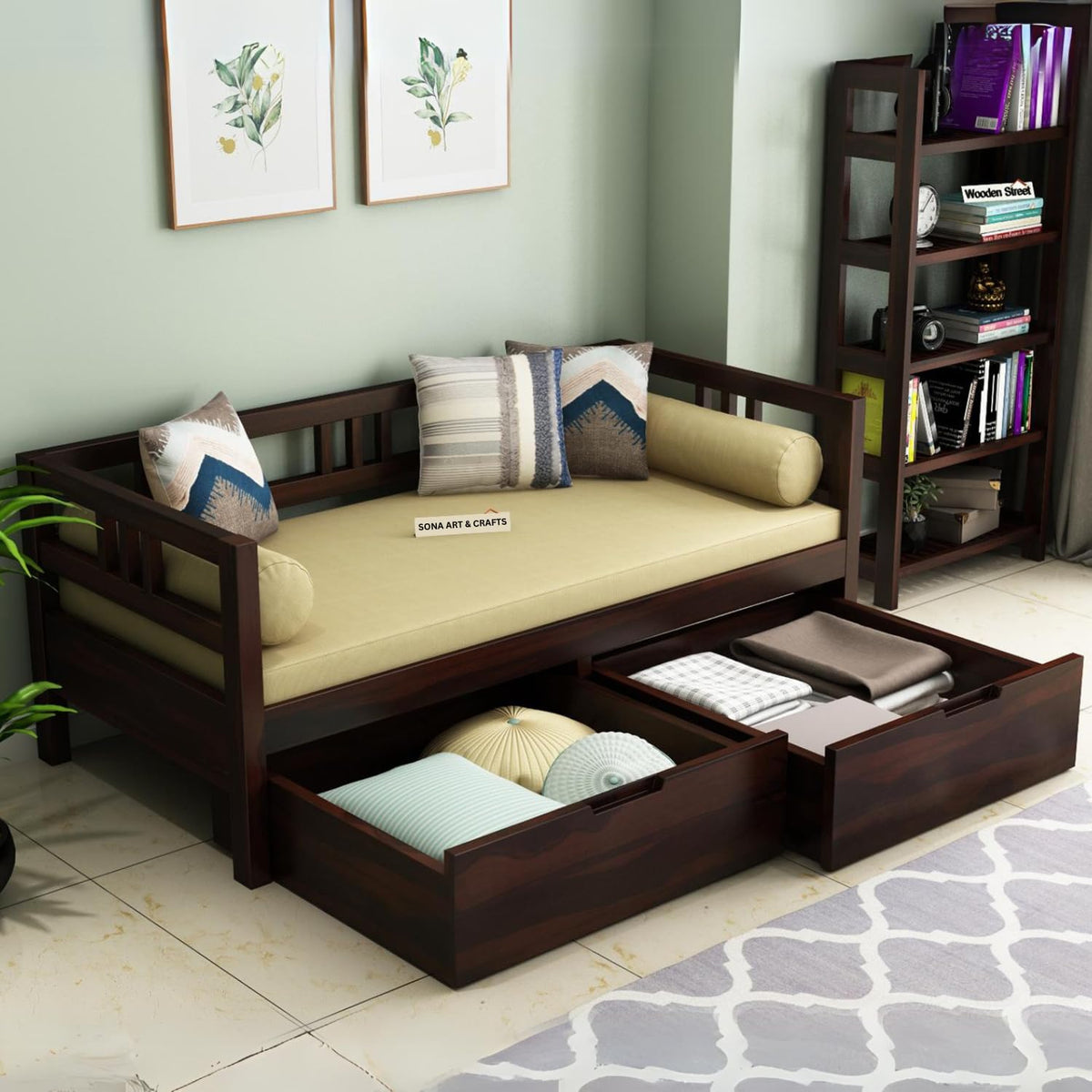 Sofa Cum Diwan Solid Sheesham Wood in walnut finish - close-up of the walnut finish and wood grain