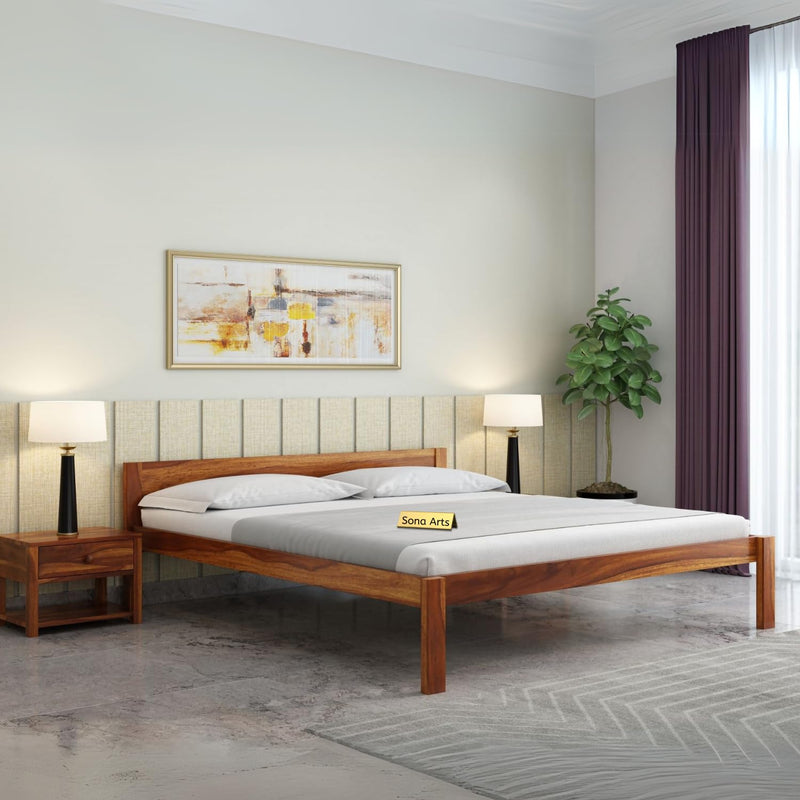 Single Patti Solid Sheesham Wood Queen Size Bed without Storage - Natural Finish