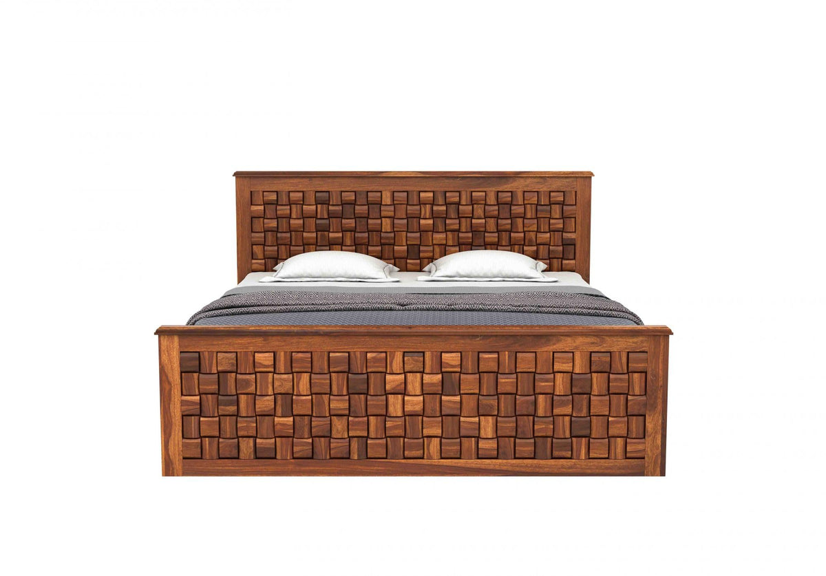 Niwar Solid Sheesham Wood Queen Size Bed without Storage in natural finish - headboard detail