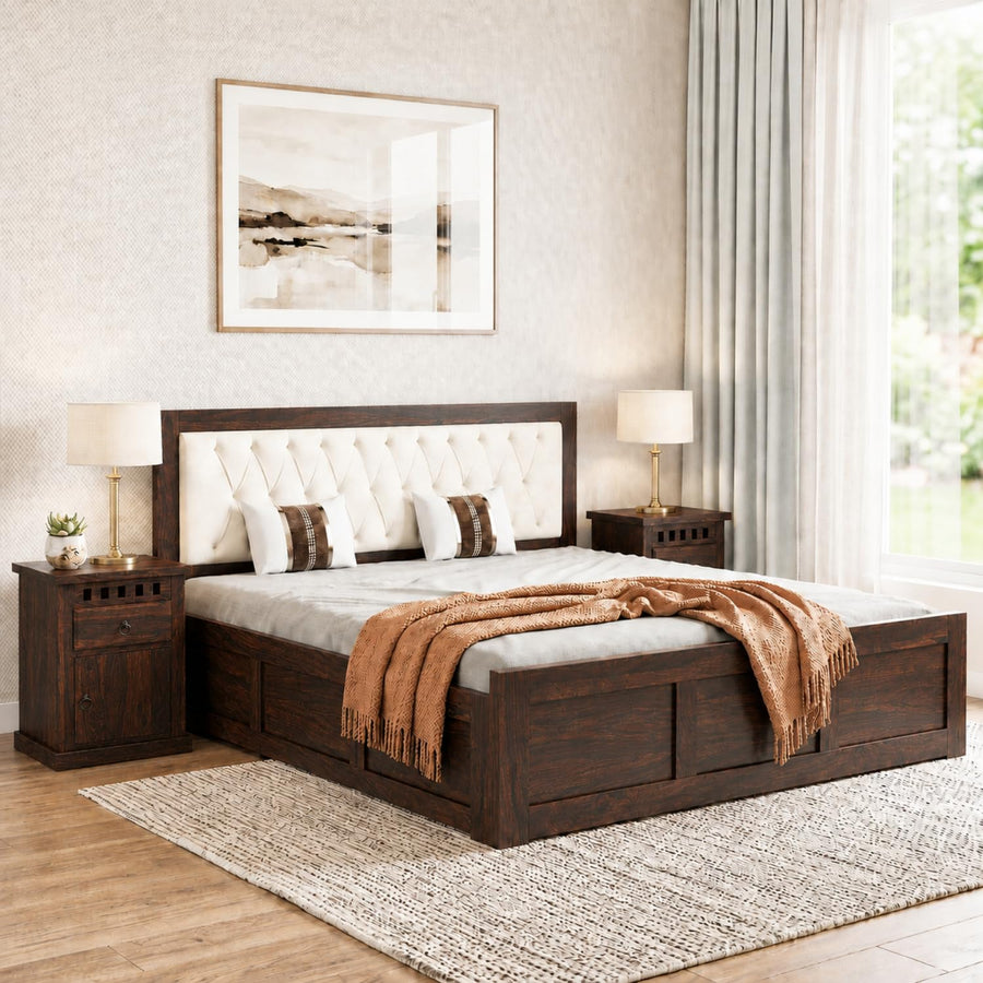 Zeus Solid Sheesham Wood Upholstered Queen Size Bed with Box Storage - Walnut Finish
