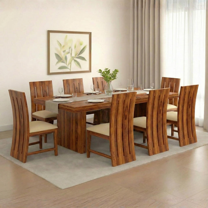 Poster Cushion Solid Sheesham Wood 8 Seater Dining Table Set in natural finish