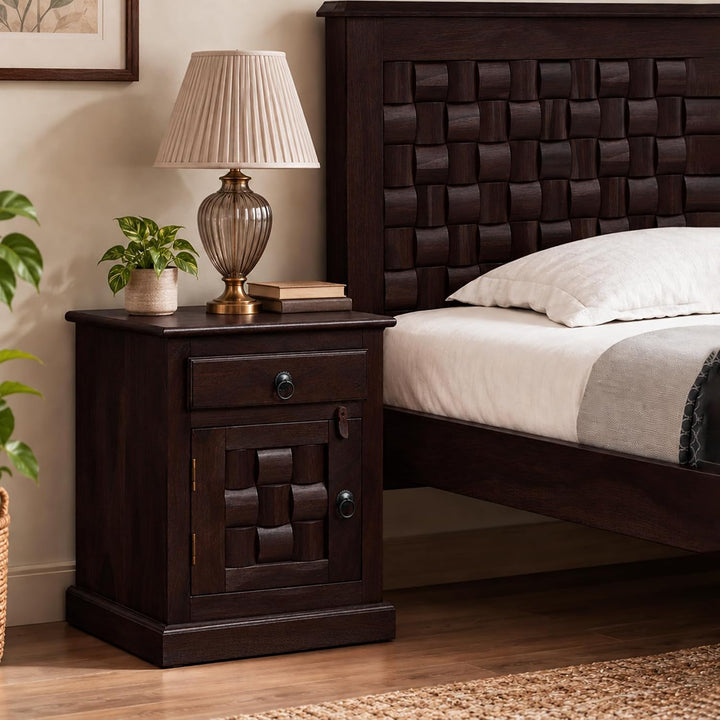 Niwar Solid Sheesham Wood Bedside Table - Walnut Finish