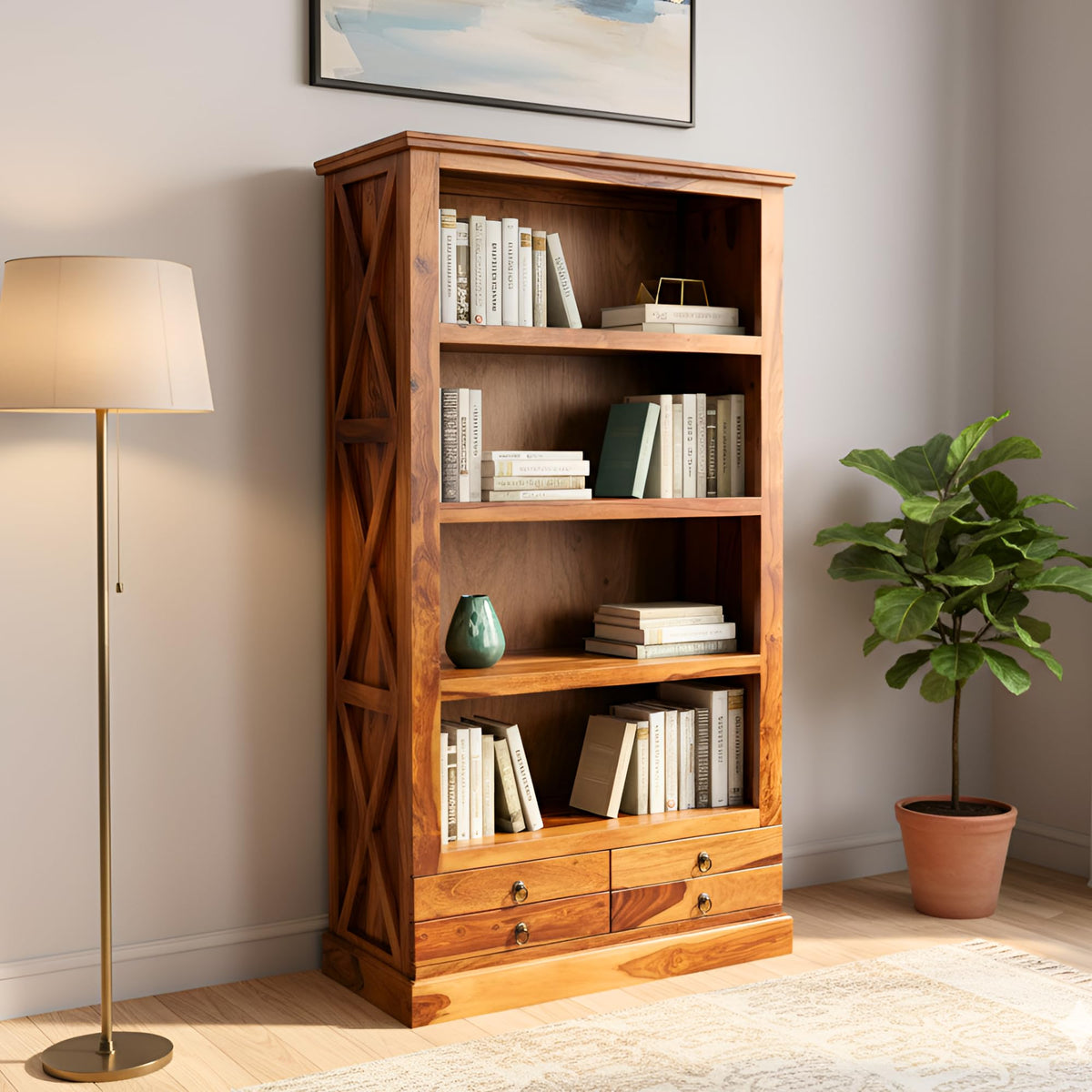 SAC-X Solid Sheesham Wood Book Shelf for Home Library - close-up of the natural finish and wood grain