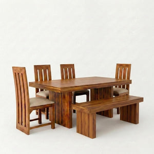Wooden Dining Table Set 6 Seater 1 Bench with Cushion Chair Finish - Honey