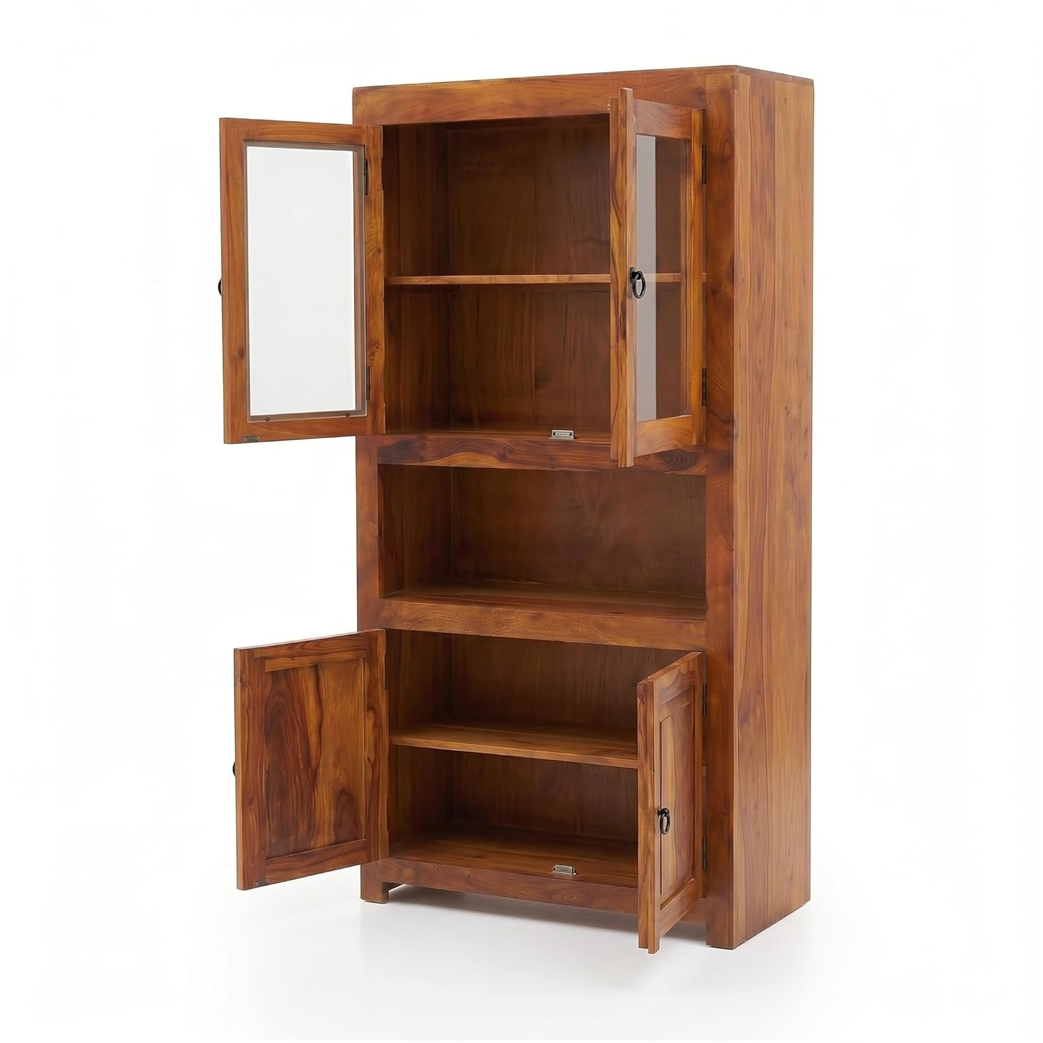 4 Door Sheesham Wood Crockery Cabinet & Book shelf with Glass Door - Natural Finish