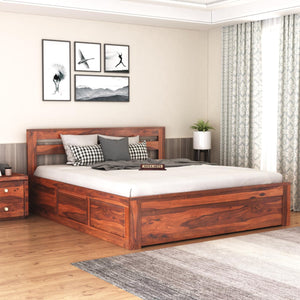 Eros Solid Sheesham Wood Queen Size Bed with Box Storage - Natural Finish