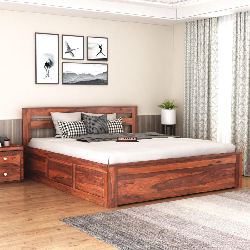 Eros Solid Sheesham Wood Queen Size Bed with Box Storage - Natural Finish