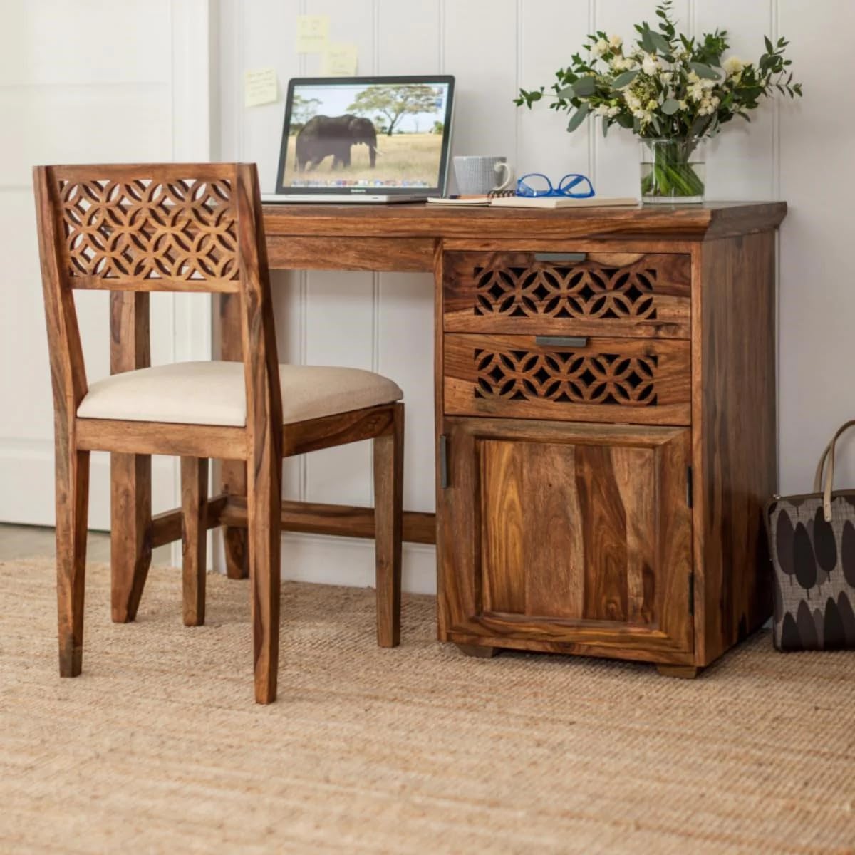 CNC Solid Sheesham Wood Study Table - Natural Finish