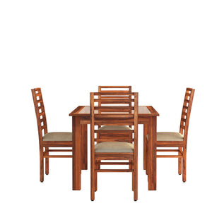 Luxe Solid Sheesham Wood Dining Table 4 Seater Dining Table Set with 4 Cushion Chairs & Glass - Natural Finish