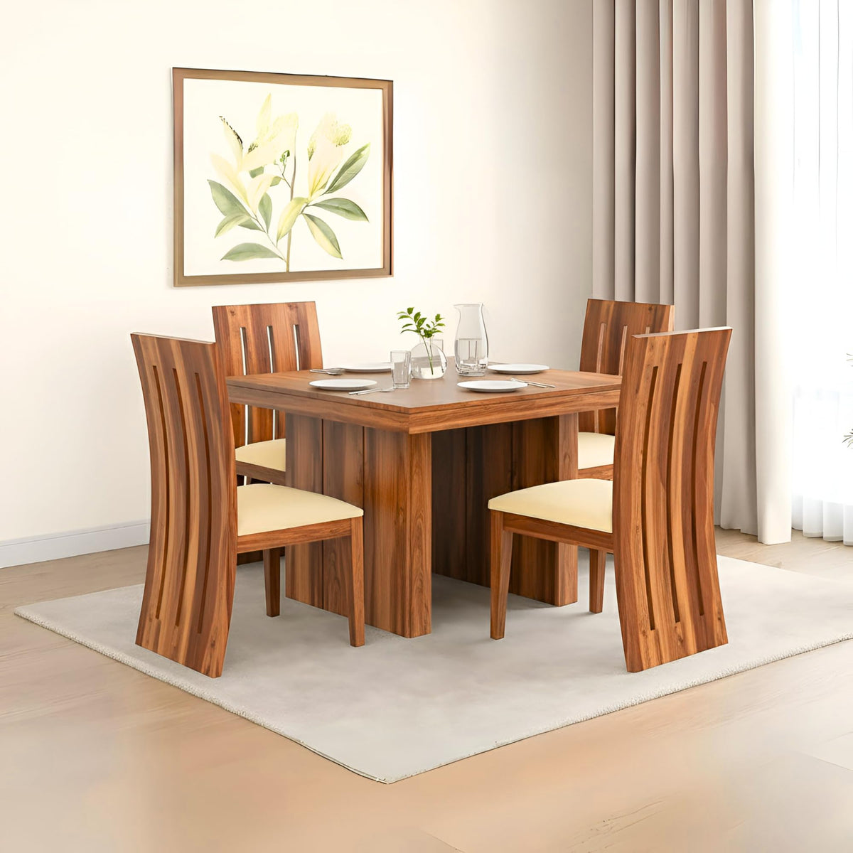 Poster Cushion Solid Sheesham Wood 4 Seater Dining Table Set - Natural Finish Poster Cushion Natural D2