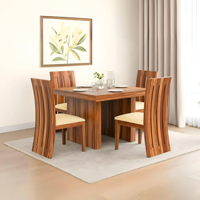 Poster Cushion Solid Sheesham Wood 4 Seater Dining Table Set - Natural Finish | Poster 4 Seater Cushion Natural D2