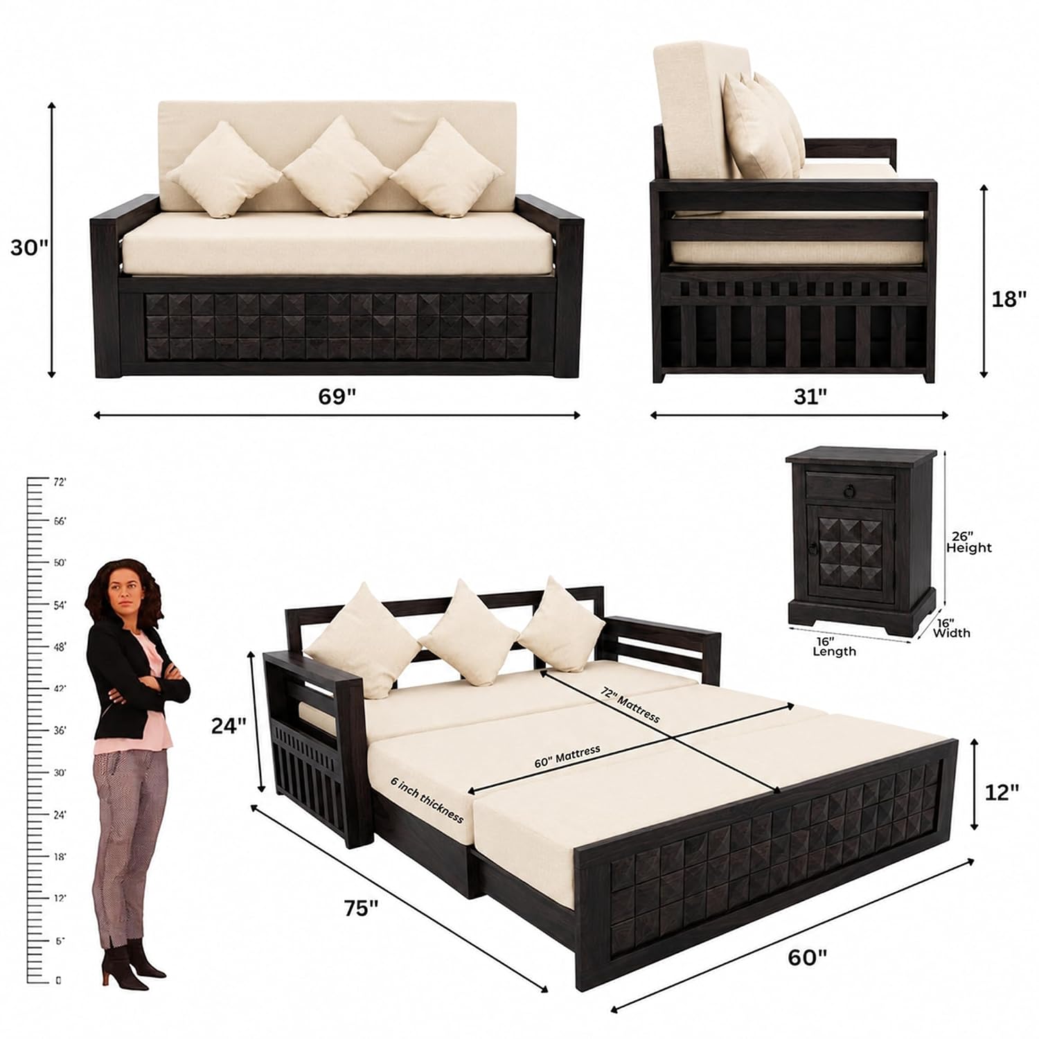 Diamond With Bedside Solid Sheesham Wood Sofa Cum Bed - Walnut Finish