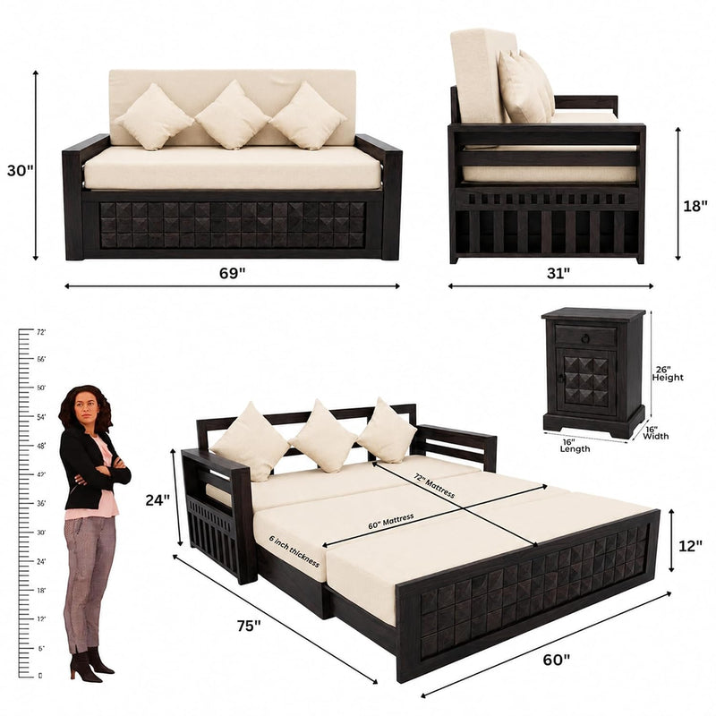 Diamond With Bedside Solid Sheesham Wood Sofa Cum Bed - Walnut Finish