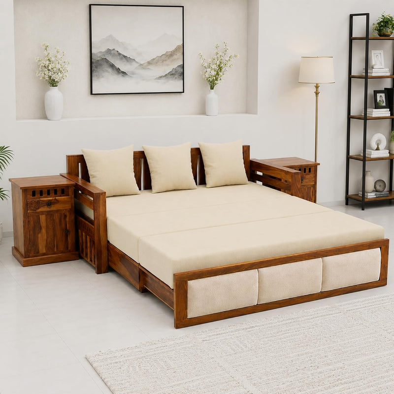 Zeus With Bedside Solid Sheesham Wood Sofa Cum Bed - Natural Finish