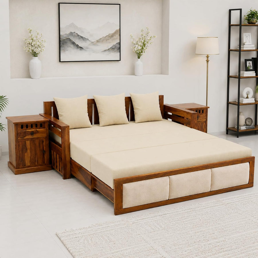 Zeus With Bedside Solid Sheesham Wood Sofa Cum Bed - Natural Finish