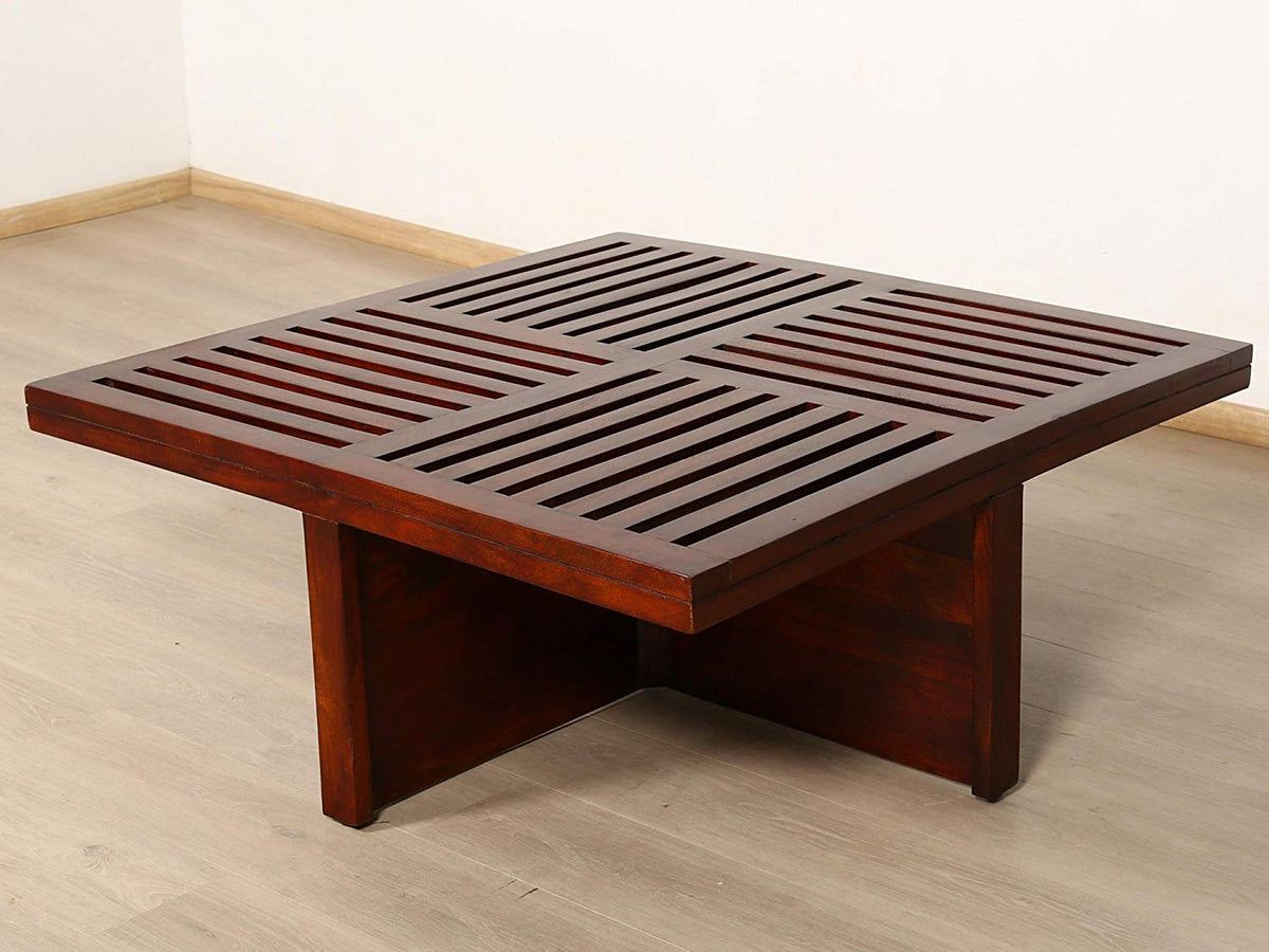 Japani Jali Cushion Natural Dark Solid Sheesham Wood Coffee Table - close-up of the natural finish and wood grain