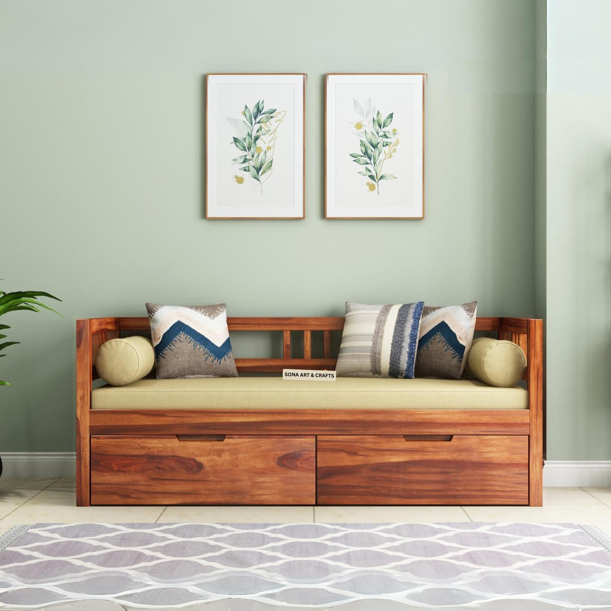 with Pillow Solid Sheesham Wood Sofa Cum Diwan in walnut finish - backrest detail