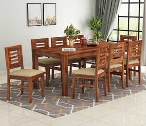 Capsule Sheesham Wood 8 Seater Dining Set - Natural Finish, Handcrafted Capsule Design, Jute Fabric Cushioned Chairs