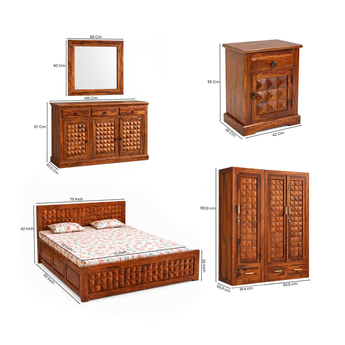 Diamond BBS-W-C-BT-N-K Solid Sheesham Wood Bedroom Furniture Set