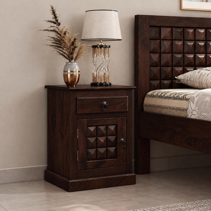 Diamond Solid Sheesham Wood Bedside Table - Walnut Finish