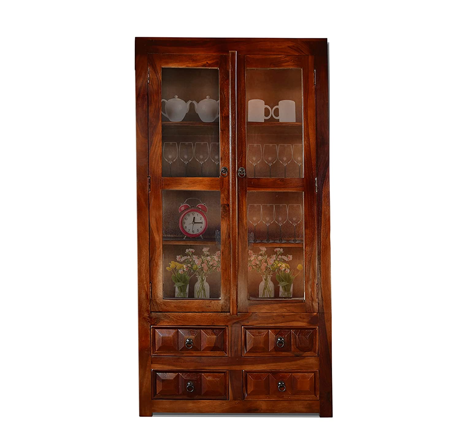 Diamond Wooden Book Shelf with Glass Rack and Drawer Storage - Natural Finish
