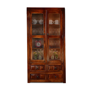 Diamond Wooden Book Shelf with Glass Rack and Drawer Storage - Natural Finish