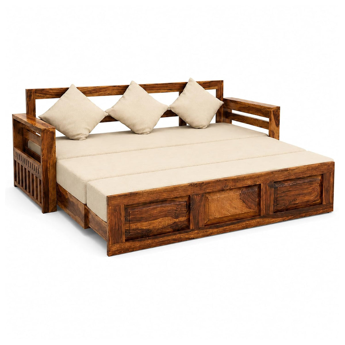 A sheesham wooden daybed with a dark brown frame and thick beige cushions, shown on a plain white background. The daybed features three matching beige pillows and a slatted headboard.