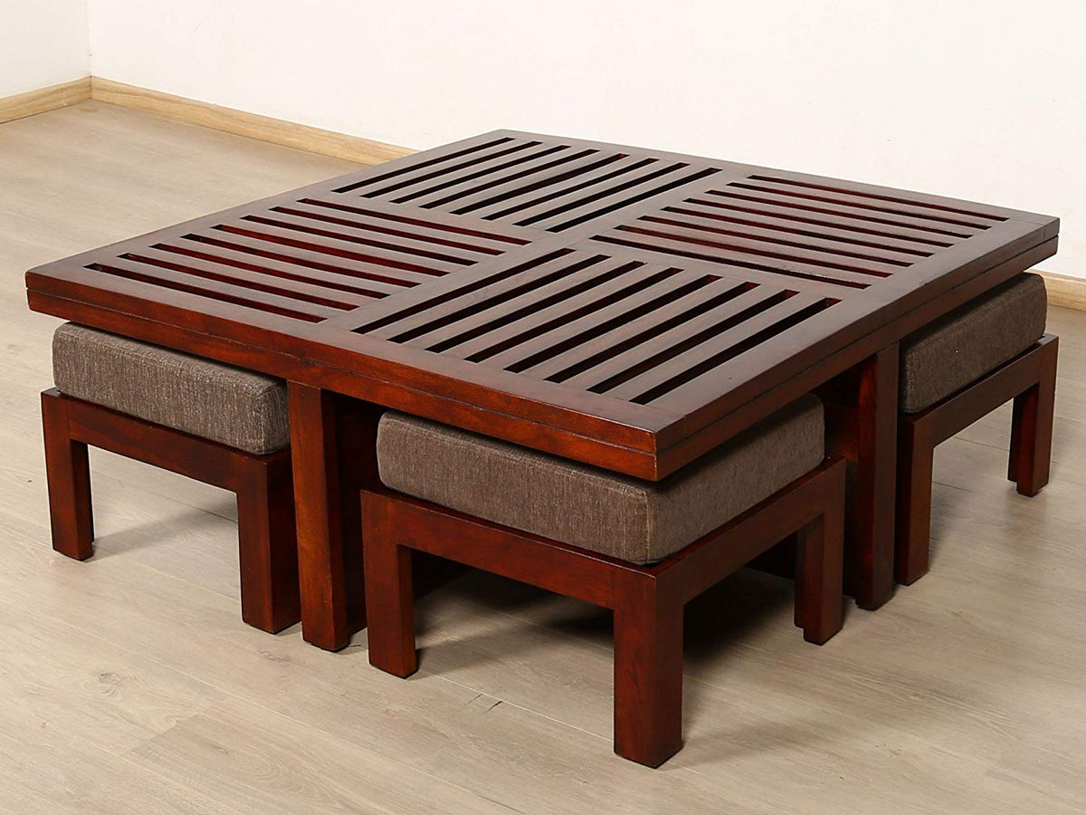 Japani Jali Cushion Natural Dark Solid Sheesham Wood Coffee Table - side angle view