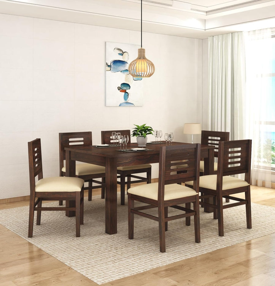 Capsule Sheesham Wood 6 Seater Dining Set With Cushion Chair - Walnut Finish