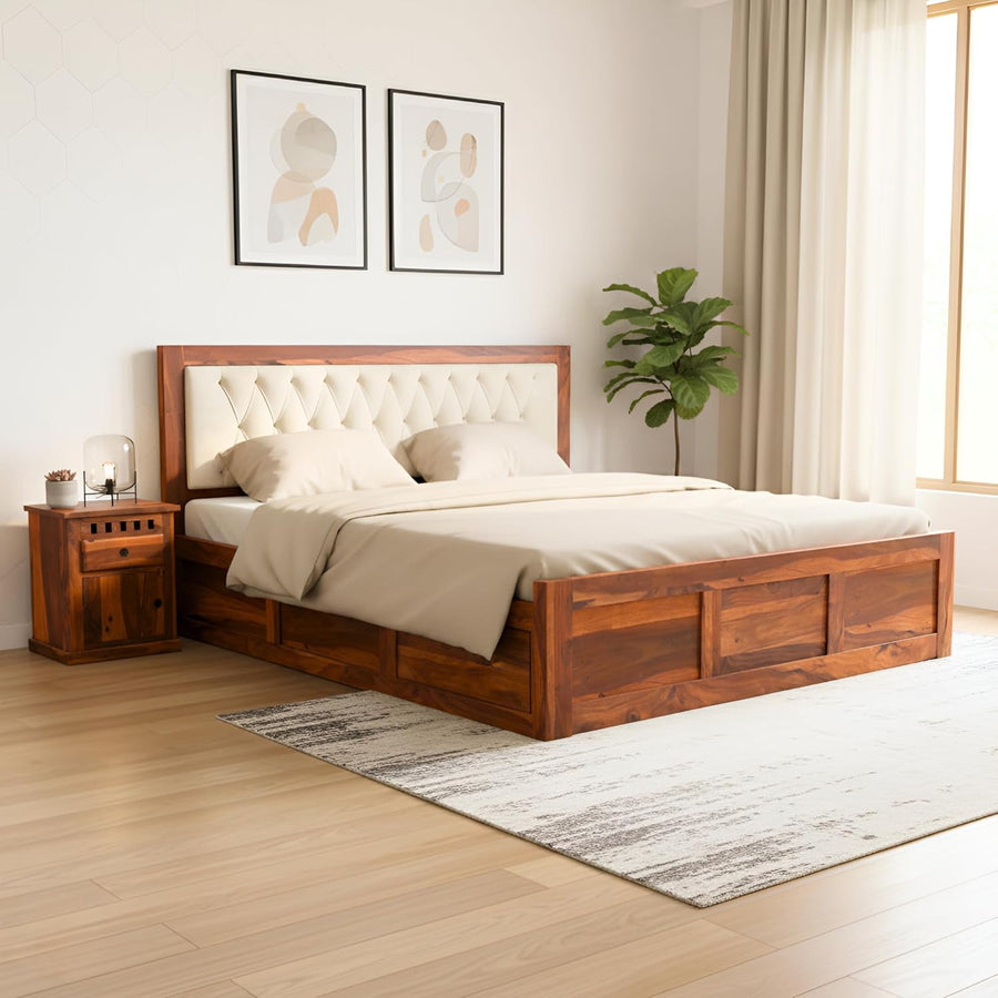 Zeus Solid Sheesham Wood Upholstered Queen Size Bed with Box Storage - Natural Finish