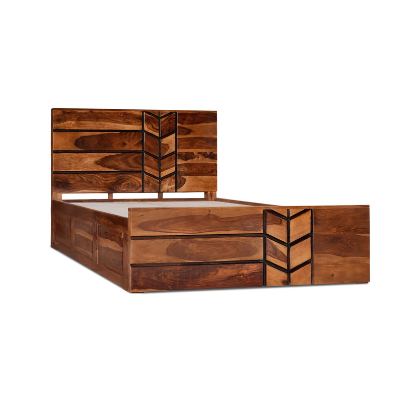 M Solid Sheesham Wood Queen Size Bed with Box Storage - Natural Finish