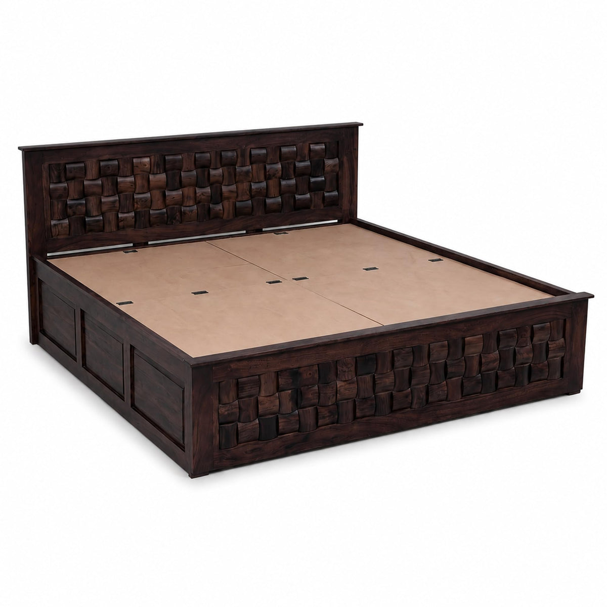 Niwar Solid Sheesham Wood King Size Bed with Box Storage in natural finish - close-up of the natural finish and wood grain