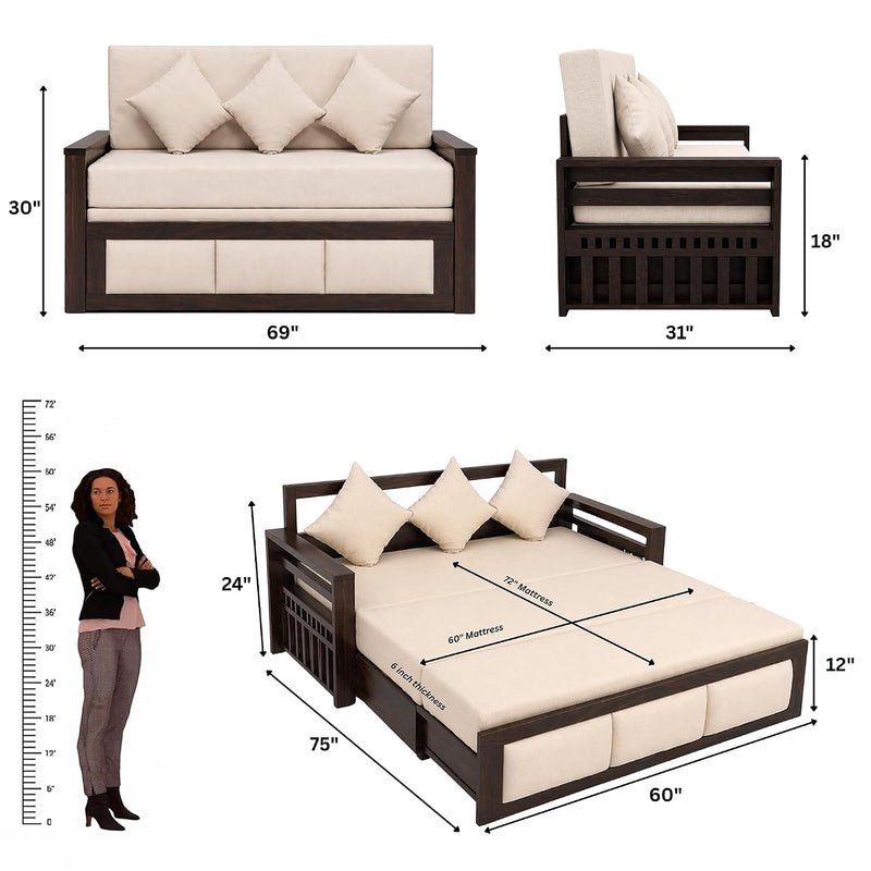 Zeus With Bedside Solid Sheesham Wood Sofa Cum Bed - Walnut Finish