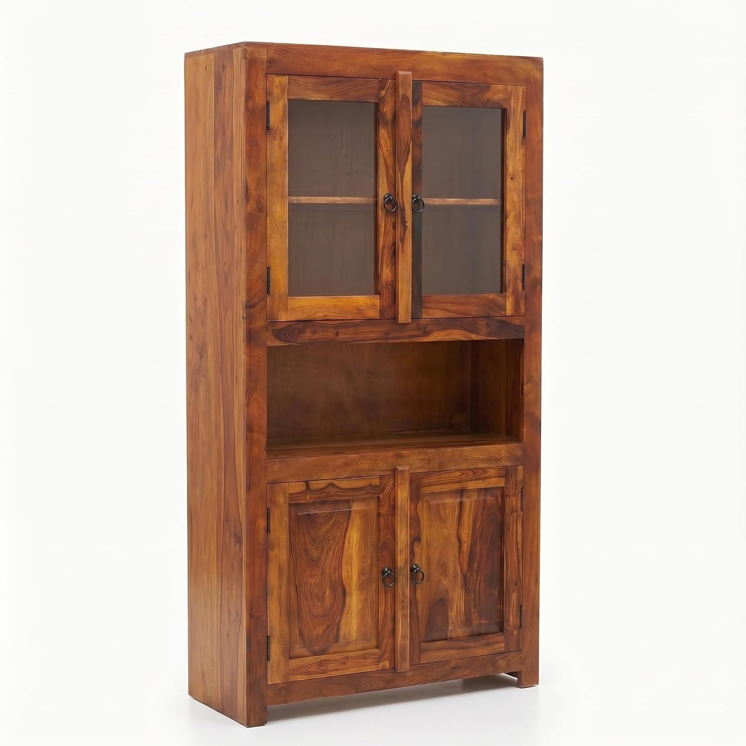 4 Door Sheesham Wood Crockery Cabinet & Book shelf with Glass Door - Natural Finish