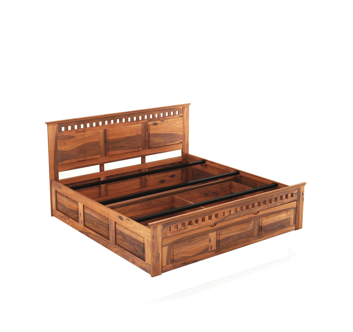 Kuber Solid Sheesham Wood Queen Size Bed with Drawer Storage in natural finish - styled in a bedroom