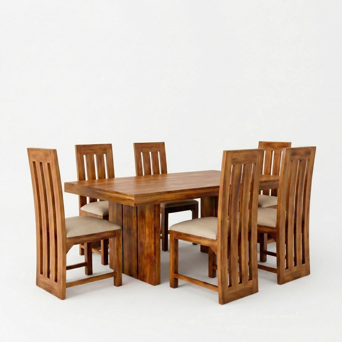 Poster Cushion Sheesham Wood 6 Seater Dining Table Set in natural finish - close-up of the natural finish and wood grain